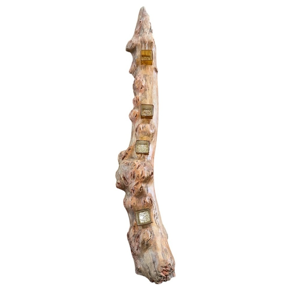 Rustic Driftwood Wood Candle Holder with Gold Glass Votive Cups, Nature Decor